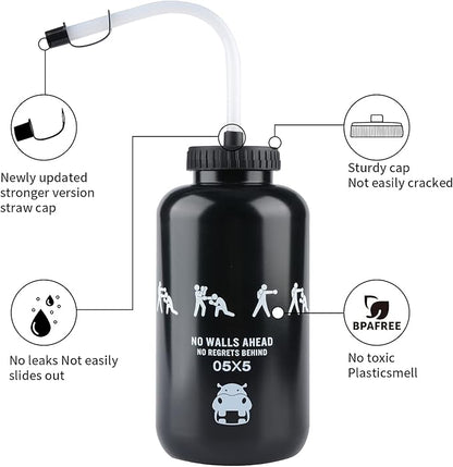 SHOKE Long Straw Water Bottle Hockey Boxing 1 Liter Water Bottle Football BPA Free Squeeze Leak Proof Sports Water Bottles for Baseball Lacrosse Cycling Sport Large Capacity 32 Oz/1 Liter-Black