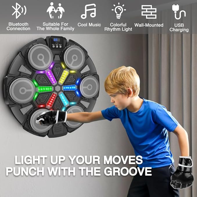 Music Boxing Machine Sport Toys for Kids and Adults,Wall Mounted Bluetooth Smart Punching Target,Training Pad Toy with Boxing Glove,Ideas Toys for Boys Girls Kids 3 4 5 6 7 8 9 10 11 12+ Years Old
