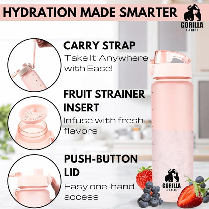 Pink Water Bottle Time Marker - Daily Intake Tracking - BPA Free & Leak Proof Protein Shake Bottle - Ideal for Gym, Office, School & Hiking - 32oz