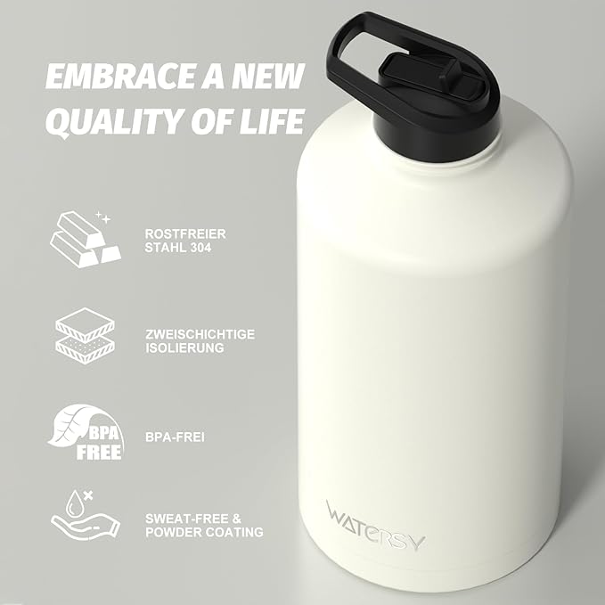 1 Gallon Water Bottle Insulated(Cold for 48 Hrs),BPA Free&Leak Proof,128oz Stainless Steel Water Jug,Large Water Bottle with Straw Spout Lids for Gym,Hiking,Camping&Travel,White