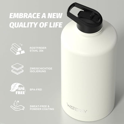 1 Gallon Water Bottle Insulated(Cold for 48 Hrs),BPA Free&Leak Proof,128oz Stainless Steel Water Jug,Large Water Bottle with Straw Spout Lids for Gym,Hiking,Camping&Travel,White
