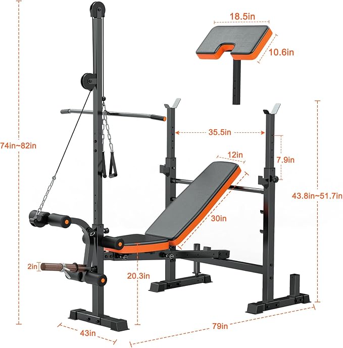 Fostoy 9-in-1 Adjustable Olympic Weight Bench with Lat Pulldown, Row, Squat Rack & Leg Curl – Multi-Function Strength Training Bench Press for Home Gym Full Body Workout
