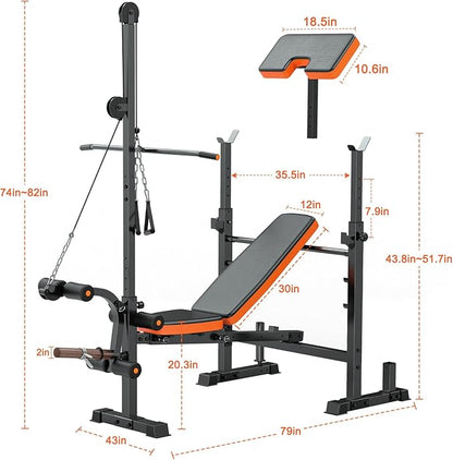 Fostoy 9-in-1 Adjustable Olympic Weight Bench with Lat Pulldown, Row, Squat Rack & Leg Curl – Multi-Function Strength Training Bench Press for Home Gym Full Body Workout