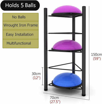Ball Storage Holder Black 5-Tiers Half Yoga Ball Balance Trainer Holder, Heavy Duty Corner Upright Half Exercise Ball Storage Rack for Workout Room, Home Gym & Fitness Class