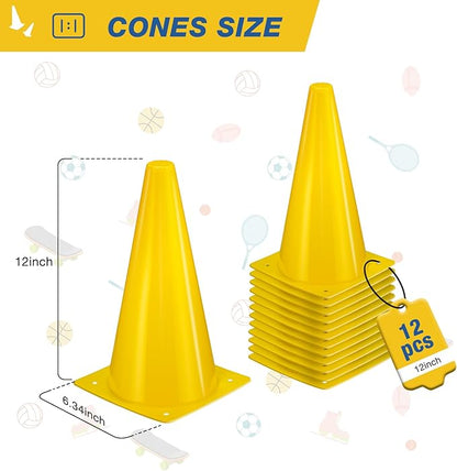 12 Inch Durable Cones,12pcs Versatile Plastic Traffic Cones and Soccer Cones for Sports Training,Agility Drills,Parking Safety,Basketball Training,Football Training.