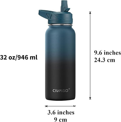 CIVAGO 32 oz Insulated Water Bottle With Straw, Stainless Steel Sports Water Cup Flask with 3 Lids (Straw, Spout and Handle Lid), Wide Mouth Travel Thermal Mug, Azure