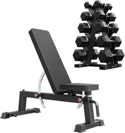 PAPABABE Adjustable Weight Bench with Weight Set, Heavy-Duty Workout Bench with Two-Way Angle Adjustment, Comfortable Extended & Easy-to-Clean Backrest, Transport Wheels & Easy Mobility for Home Gym