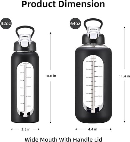 32 oz Glass Water Bolttles with Straw Large Motivational Water Bottle with Time Marker Sports Water Bottles with Silicone Sleeve and Handle Lid Water Jug for Gym Workout