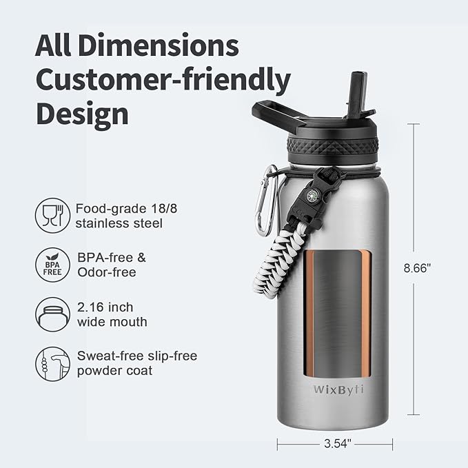 32 oz Insulated Water Bottle with Straw, Stainless Steel Triple Wall Vacuum Sports Water Jug, Leakproof Hydro Cup Flask with Paracord Handle & Straw Spout Lids & DIY Stickers