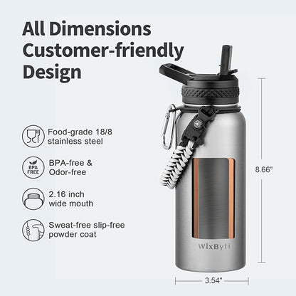 32 oz Insulated Water Bottle with Straw, Stainless Steel Triple Wall Vacuum Sports Water Jug, Leakproof Hydro Cup Flask with Paracord Handle & Straw Spout Lids & DIY Stickers