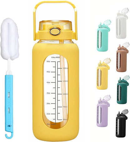64oz Glass Water Bolttles with Straw Half Gallon Large Motivational Water Bottle with Time Marker Sports Water Bottles with Silicone Sleeve and Handle Lid Water Jug for Gym Workout