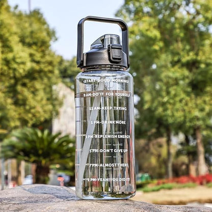 Large Capacity 2L Sports Water Bottle with Straw, Portable and Leakproof, Featuring Time Marker-Bk