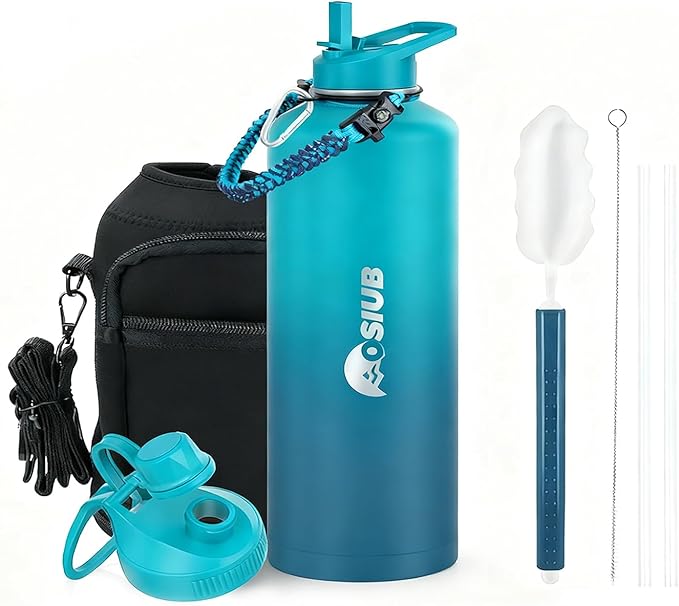 Insulated Water Bottle 64 oz, Triple Wall Vacuum Stainless Steel(Cold for 48 Hrs),Leak Proof & BPA-Free,Half Gallon Water Bottle with Reflective Paracord & Flip Straw for Sports & Travel, Black