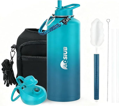 Insulated Water Bottle 64 oz, Triple Wall Vacuum Stainless Steel(Cold for 48 Hrs),Leak Proof & BPA-Free,Half Gallon Water Bottle with Reflective Paracord & Flip Straw for Sports & Travel, Black