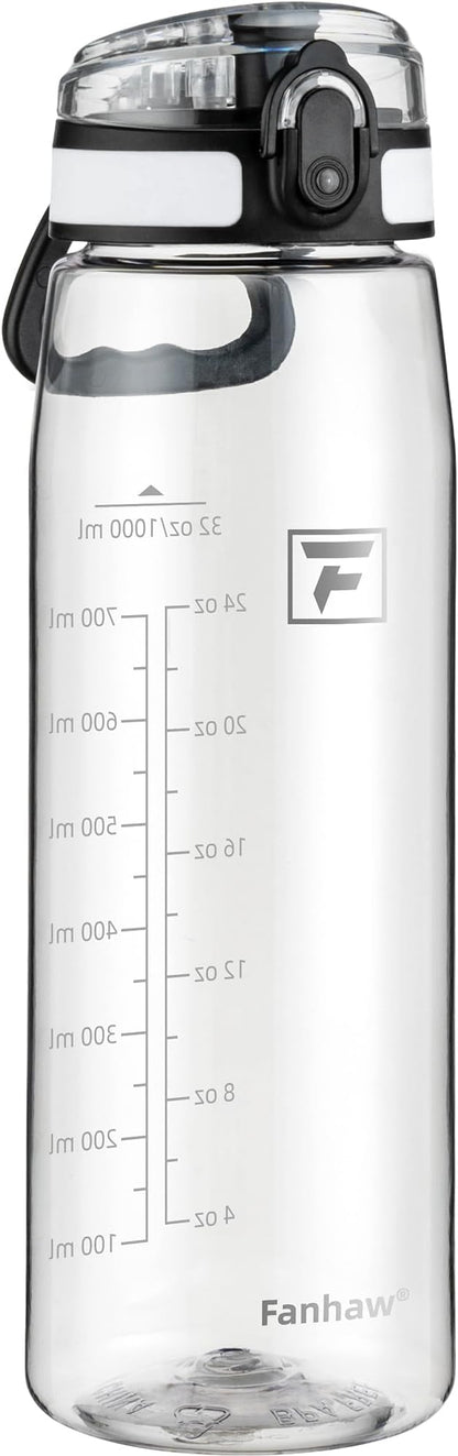 Fanhaw 32 oz Tritan Water Bottle with Chug Lid - Clear, BPA-Free, Lightweight, Wide Mouth, Leak-Proof, Perfect for Gym, Travel, School, Office, and Sports (Clear & White)