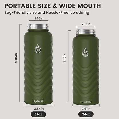24oz Stainless Steel Insulated Water Bottle, 48H Ice Cold & 24H Hot, Leak-Proof Wide Mouth Lids (Straw & Spout), BPA-Free Bottles, Mens Water Bottle for Gym, Hiking, Travel - Green