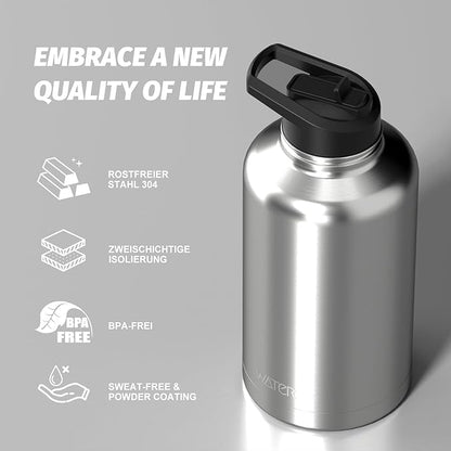 64oz Insulated Water Bottle (Cold for 48 Hrs),BPA Free&Leak Proof,Half Gallon Stainless Steel Water Flask,Water Jug with Straw Spout Lids for Gym,Hiking,Camping,Stainless