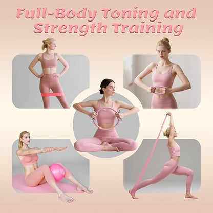 Pilates Equipment Kit for Women - Home Workout Set with Pilates Ring,9.8" Yoga Ball, 5 Resistance Bands, Magic Circle, for Legs, Arms, Thighs, Yoga Set for Beginners