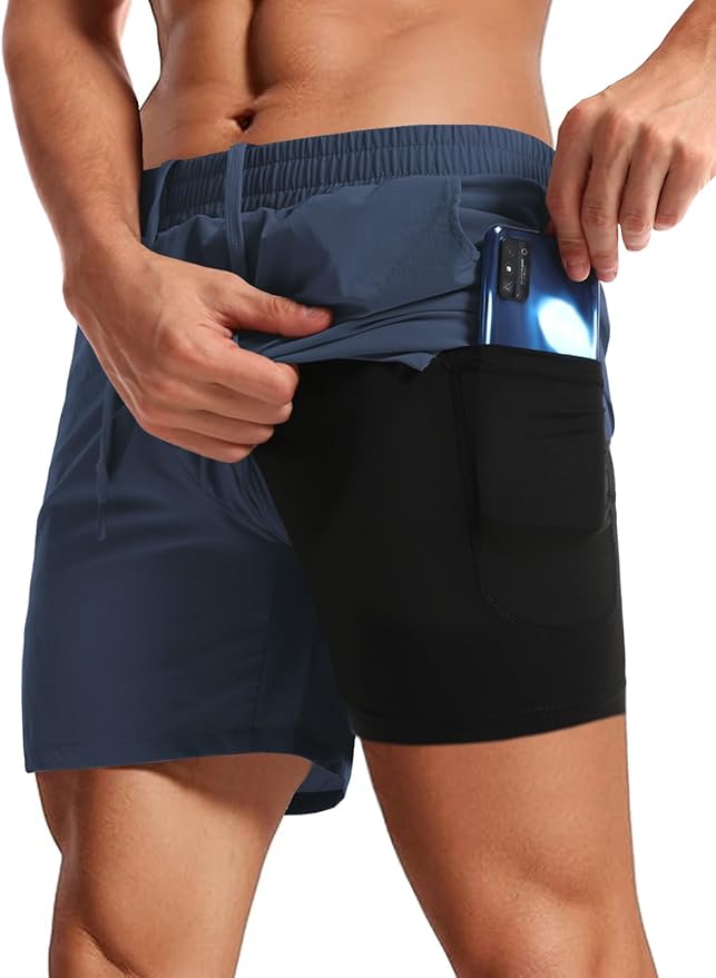 Aolesy Men's 2 in 1 Running Shorts 5" Workout Gym Athletic Shorts for Men Quick Dry Lightweight Training Shorts with Pockets