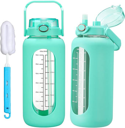64oz Glass Water Bolttles with Straw Half Gallon Large Motivational Water Bottle with Time Marker Sports Water Bottles with Silicone Sleeve and Handle Lid Water Jug for Gym Workout