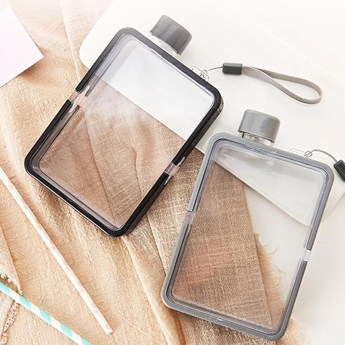 MiOYOOW Square Flat Water Bottle, Portable Transparent Sports Water Cup Reusable Memo Paper Bottles for Outdoor Travel Fitness Gym
