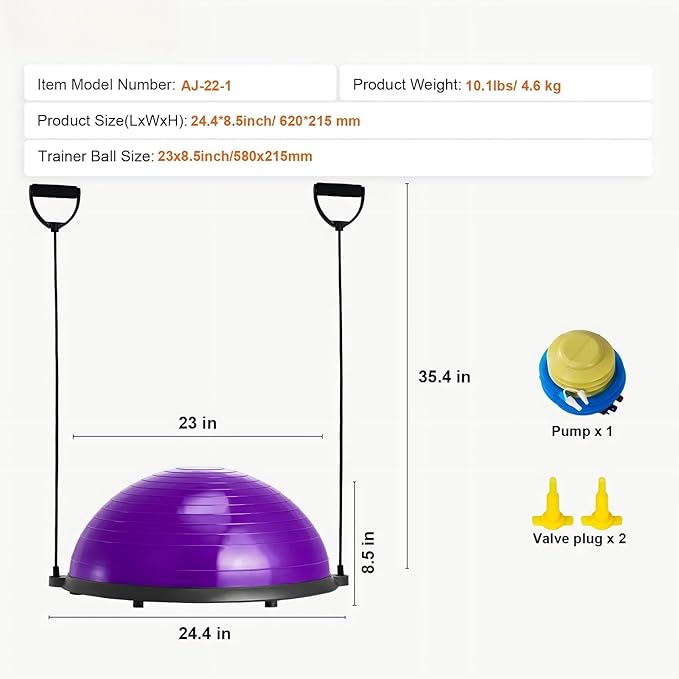 Half Exercise Ball Trainer 23 inch Balance Ball Trainer 1500lbs Capacity Stability Ball with Resistance Bands & Foot Pump, Strength Fitness Ball for Home Gym Full Body Workout