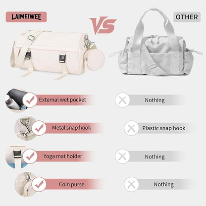 Small Gym Bag for Women Men, Mini Crossbody Travel Duffle Bag with Wet Compartment and Yoga Mat Strap, Compact Workout Bag for Sports Dance Swimming, Daily Commuting (Beige)