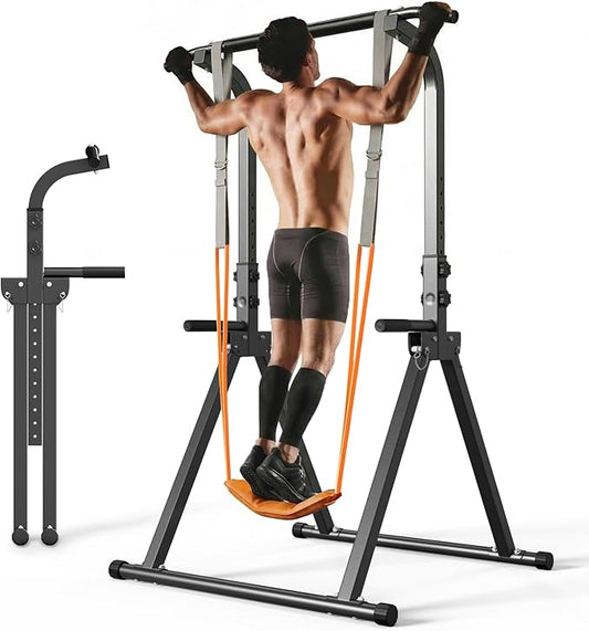 Foldable Pull Up Bar Free Standing Multi-function Power Tower Dip Bar with Assistance Bands Home Gym Strength Training Equipment