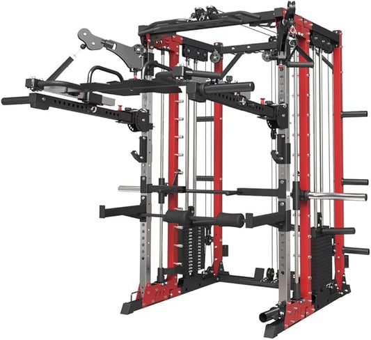 FAGUS Commercial Smithe Machine with Dual Weight Stacks, Power Cage Squat Rack with Lever Arm & Leg Press Attachment, Multi-Function Linear Bearing Cable Crossover Machine for Home Gym