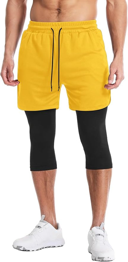 Aolesy Men's 2 in 1 Running Pants, Gym Workout Compression Pants for Men Training Athletic