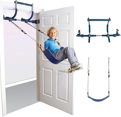 Gym1 Doorway Swing & Pull-Up Bar Gym - Pull-Up Bar Strength Training & Kids Exercise Equipment - Sensory Swing & Rope Ladder Indoor Playset - Indoor Playground for Kids - 2-Piece, Blue