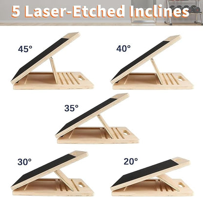 Adjustable 16.5"×12" Wooden Slant Board – 5-Angle Foldable Calf Stretcher & Squat Wedge for Home-Gym, Portable Incline Board, 350 lb Rated