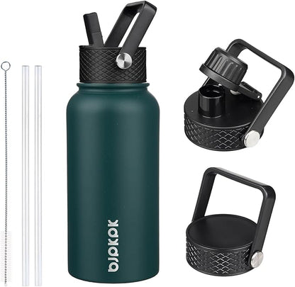 BJPKPK Insulated Water Bottles with Straw Lid, 27oz Stainless Steel Water Bottle with 3 Lids, Leak Proof BPA Free Metal Thermo, Mugs, Tumblers, Keep Cold Hot - Army Green
