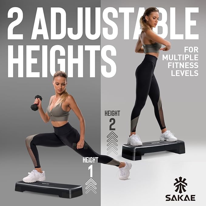 SAKAE Step Aerobics Platform Set with Kettlebell & Measuring Tape, Aerobic Steppers for Exercise at Home, Adjustable Height 2 Level Risers Workout Step Trainer with Non-Slip Surface, Multiple Colors