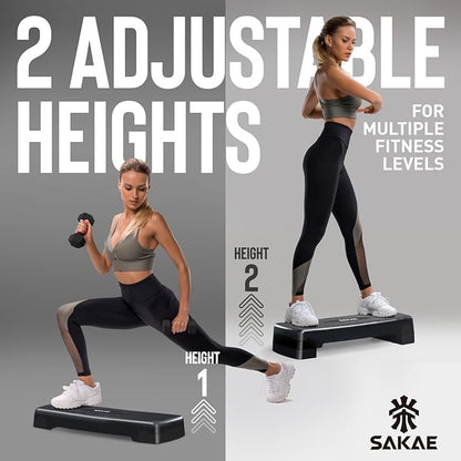 SAKAE Step Aerobics Platform Set with Kettlebell & Measuring Tape, Aerobic Steppers for Exercise at Home, Adjustable Height 2 Level Risers Workout Step Trainer with Non-Slip Surface, Multiple Colors
