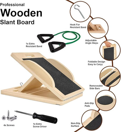 3-in-1 Portable Wooden Slant Board, Balance Board & Resistance Band – 5 Incline Angles –Incline Board – Slant board for exercise, Squats, Physical Therapy – Anti-Slip Surface, Portable, Metal Hook