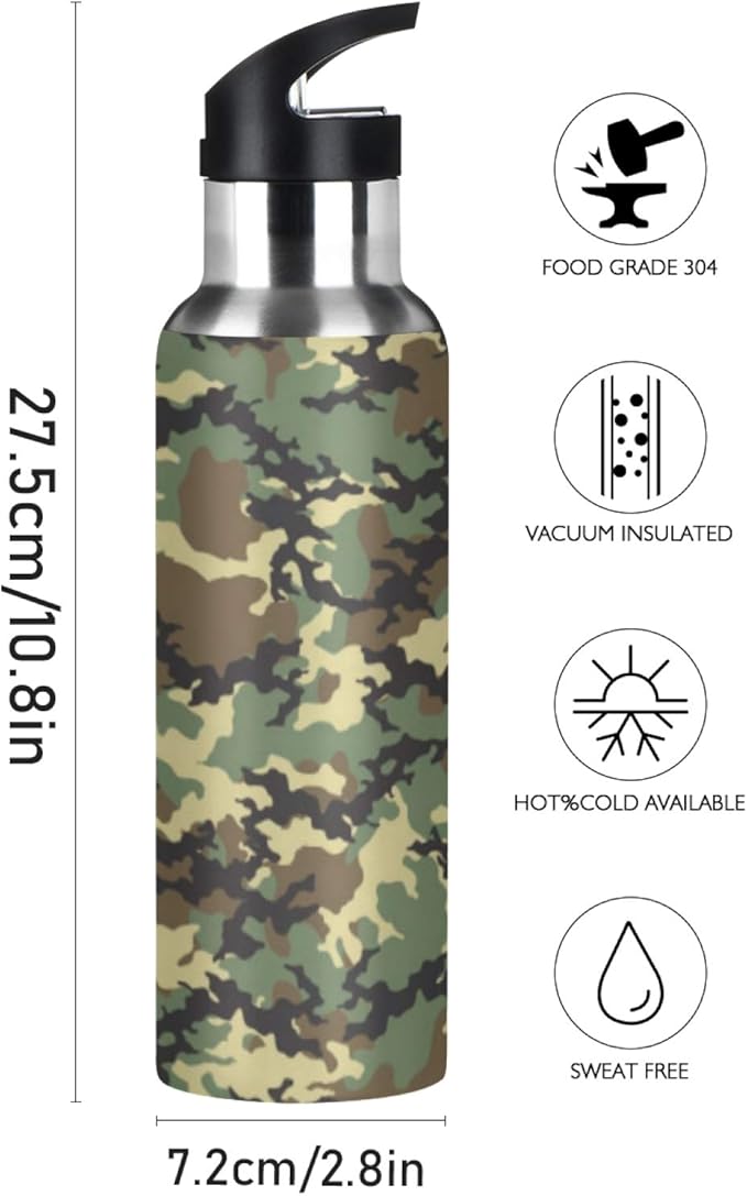 Military Print Camo Water Bottle Vacuum Insulated Stainless Steel Mug Kids Water Bottle with Straw and Handle Keep Hot Cold Sport Bike Fit Travel Outdoor 20 oz