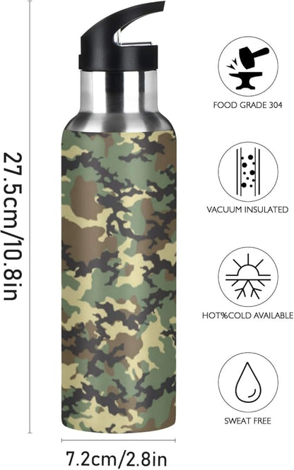 Military Print Camo Water Bottle Vacuum Insulated Stainless Steel Mug Kids Water Bottle with Straw and Handle Keep Hot Cold Sport Bike Fit Travel Outdoor 20 oz