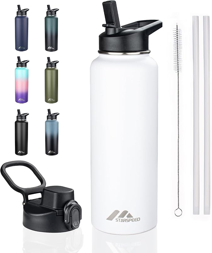 StarSpeed 40oz Insulated Water Bottle with Straws & 2 Lids, Stainless Steel Double Walled Vacuum Water Flask, Wide Mouth Sports Water Bottle for Gym Camping Hiking, White