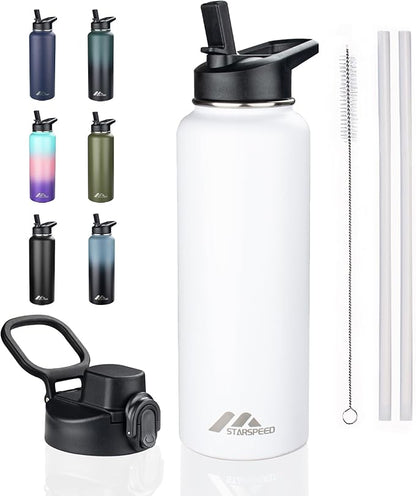 StarSpeed 40oz Insulated Water Bottle with Straws & 2 Lids, Stainless Steel Double Walled Vacuum Water Flask, Wide Mouth Sports Water Bottle for Gym Camping Hiking, White