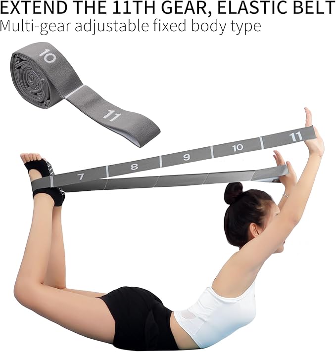 Elastic Stretching Strap with 11 Loops, Adjustable Stretch Band for Adults - Flexibility Straps for Yoga, Pilates, Dance - Non-Slip Fabric Resistance Band for Home Workout, Physical Therapy