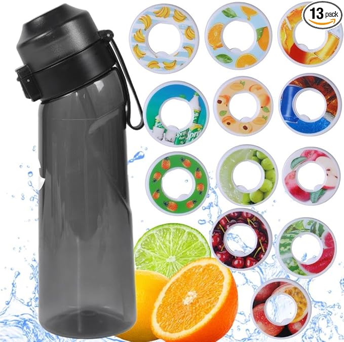 Air Scent Water Bottle with 12 Flavor Pods 650ML Fruit Fragrance Scented Water Cup BPA Free 0% Sugar For Fitness And Outdoor (1 Bottle Black+12 pods in random flavors)