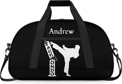 Custom Name Taekwondo Karate Duffle Bag for kids Boy Girls - Personalized Martial Arts Gear Bag, Water-Resistant Sparring Equipment Bag, Taekwonbo Black