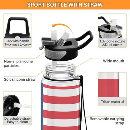 ALAZA American Flag Striped Sports Water Bottle with Straw Tritan Drink Bottle 32 oz BPA Free Reusable for Travel Outdoor Fitness