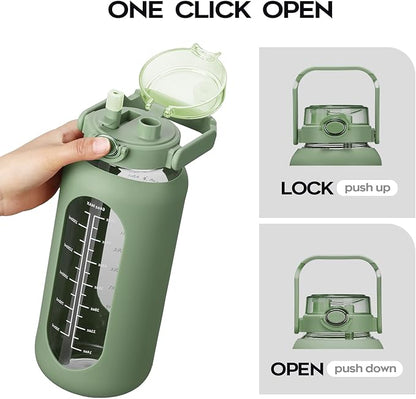 74 oz Glass Water Bolttles with Straw Large Motivational Water Bottle with Time Marker Sports Water Bottles with Silicone Sleeve and Handle Lid 2.2L Water Jug for Gym Workout