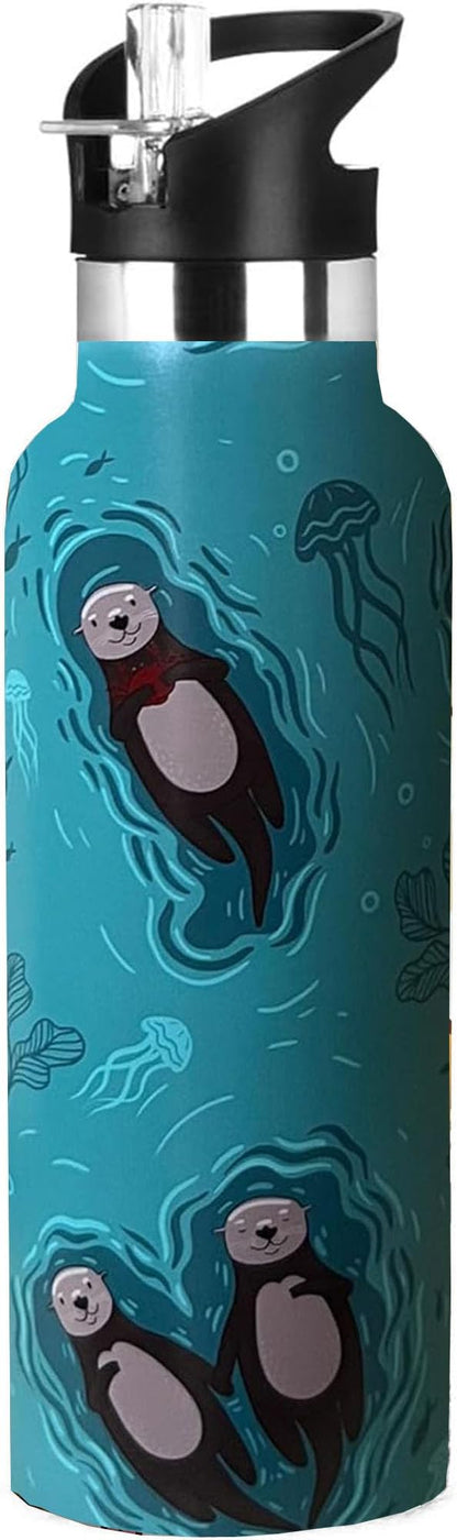 Sea Otter Sport Water Bottle with Straw, Vacuum Insulated Stainless Steel Drinking Travel Mug Cups For Gym Fitness Camping-20oz/600ml