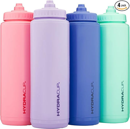 Hydra Cup Sport [4 Pack] 32 oz Squeeze Water Bottles, Fast Flow Sports Water Bottle, Bike & Cycling Water Bottle, Travel To Go, BPA Free (Bright Colors)