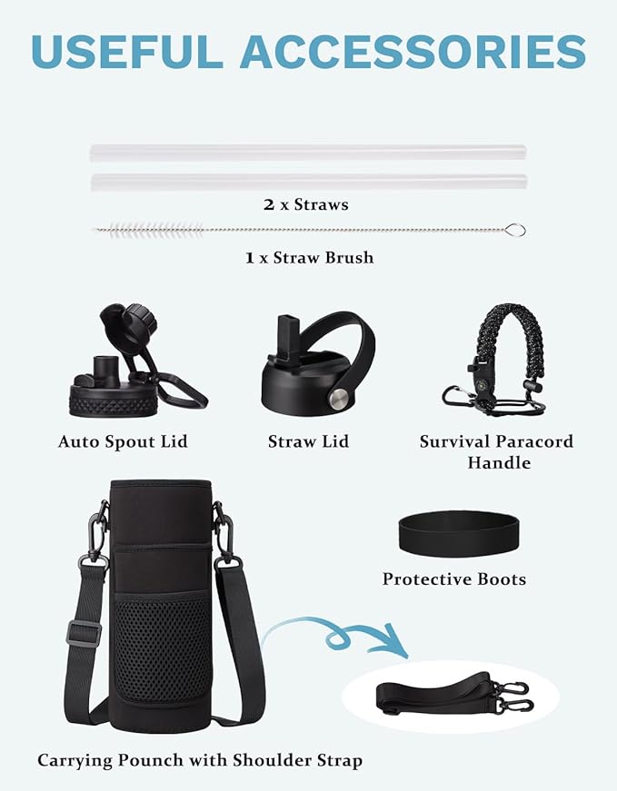 BENZZO Insulated Water Bottle 40 oz - Keep Cold 48H & Hot-24H, Metal Water Bottle with Straw & Auto Spout Lid,Paracord Handle,Bottles Carrier Bag, Leak Proof Thermal Flask for Hiking Cycling Sport