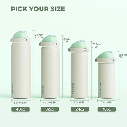 POWCAN 18 oz Steel Insulated Water Bottle: 2-in-1 Push-Button Spout & Flip Straw Lid, Leakproof, Cold 24 Hrs, Fits Car Cup Holder, Reusable Metal Sports Bottle for Travel, Gym, School (Icy Drift)