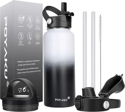 Water Bottle Insulated 32oz 40oz 64oz 128oz Straw Lid Spout Lid & 3 Lids, Leak Proof, Vacuum Insulated,Stainless Steel Water Bottle Wide Mouth for Sports, Gym or Office